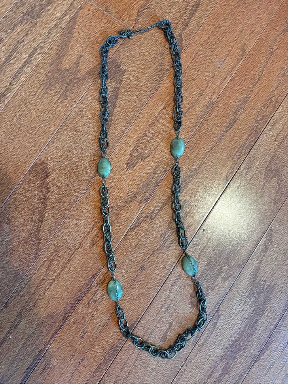 Long bronze colored Chain Necklace with green bead - Unbranded